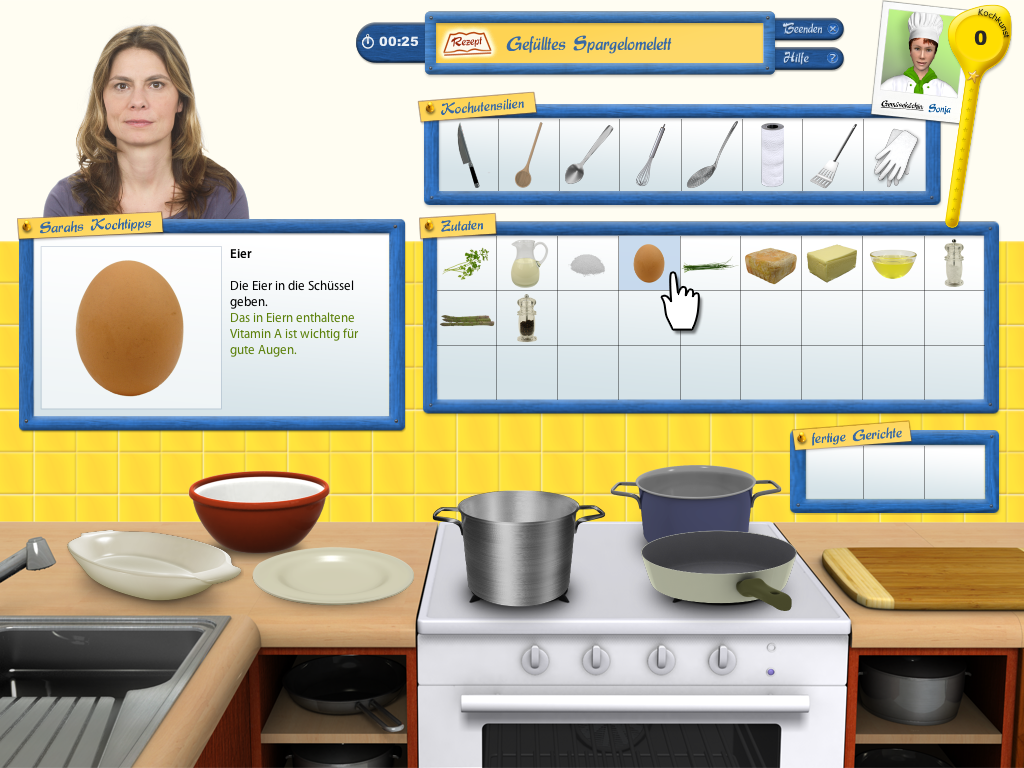 Das große Sarah Wiener Kochspiel (Linux) screenshot: That's how a typical cooking session starts - you can see the ingredients and tools you need.