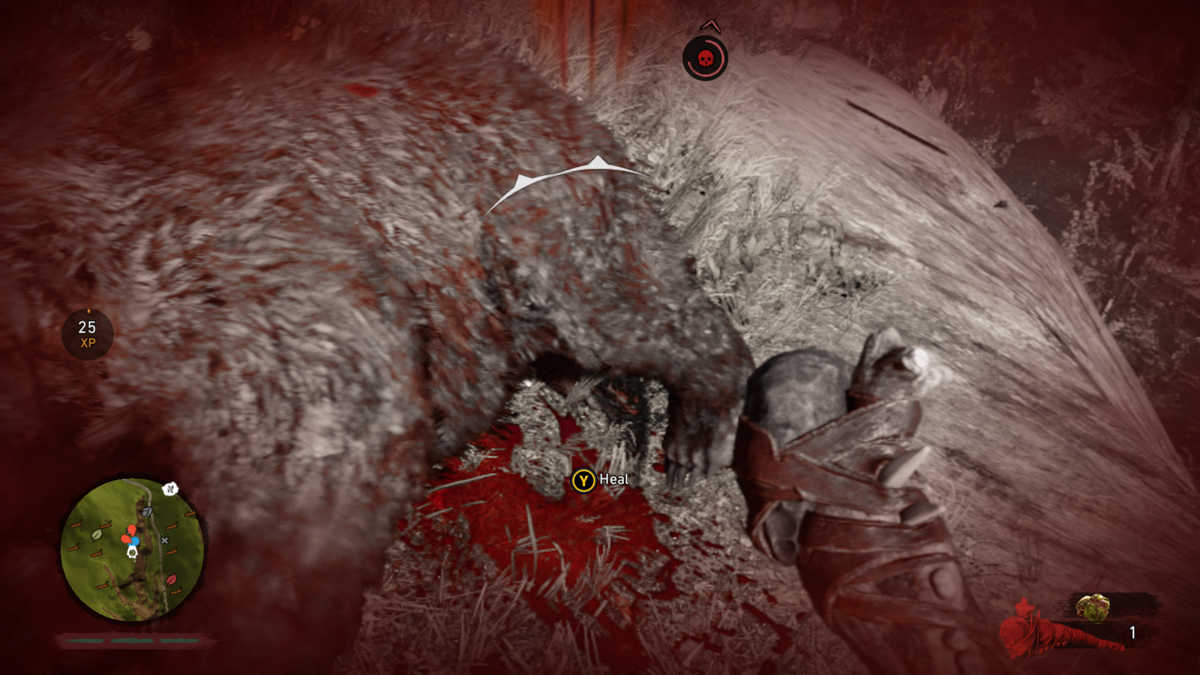 Far Cry: Primal (Xbox One) screenshot: Near death after fighting a bear.