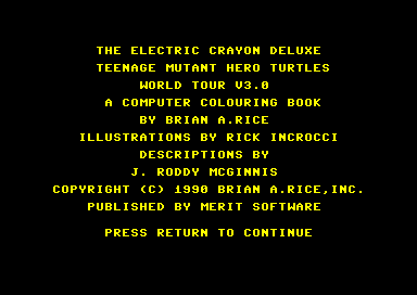 Electric Crayon Deluxe: Teenage Mutant Ninja Turtles: World Tour (Commodore 64) screenshot: Title Screen and Copyright Information