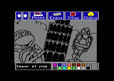 Electric Crayon Deluxe: Teenage Mutant Ninja Turtles: World Tour (Commodore 64) screenshot: TMNT are visiting Tower of Piza (not painted)...