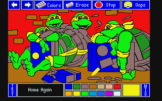 Electric Crayon Deluxe: Teenage Mutant Ninja Turtles: World Tour (Atari ST) screenshot: Many locations later, a well-earned return home.