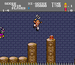 Tiger Road (TurboGrafx-16) screenshot: Jumping over a chasm