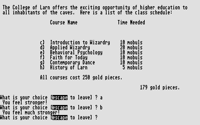 Larn (Atari ST) screenshot: Taking classes at the university