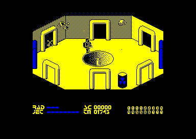 Chain Reaction (Amstrad CPC) screenshot: Drop the canister into the pit