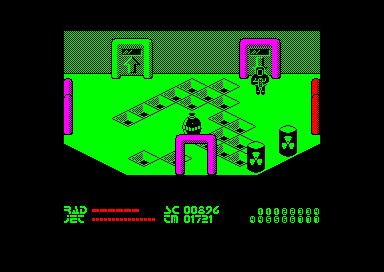 Chain Reaction (Amstrad CPC) screenshot: On a different level now. Try to avoid walking into the holes on the floor