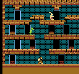 The Bugs Bunny Crazy Castle (NES) screenshot: In game screenshot from the Famicom version. Besides Roger Rabbit sprites there are some gameplay differences, as well.