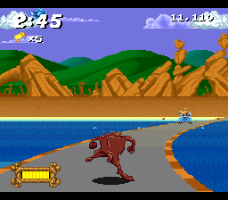 Taz-Mania (SNES) screenshot: Water is on each side of the road