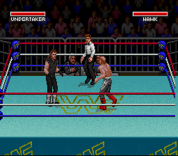 WWF Super WrestleMania (SNES) screenshot: It's the Undertaker vs. Hawk.