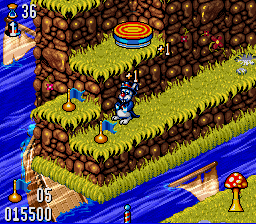 Whizz (SNES) screenshot: Collect flags. Up above is a bouncing pad.