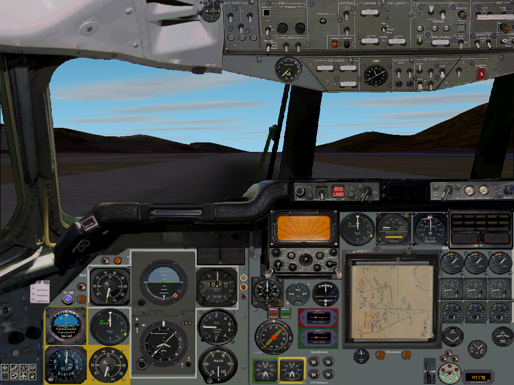 Trident (Windows) screenshot: The Trident 1 & 2 cockpits are identical. Trident 3 has some extra controls for the 4th Boost-engine on the lower right and in the ceiling panel top right.