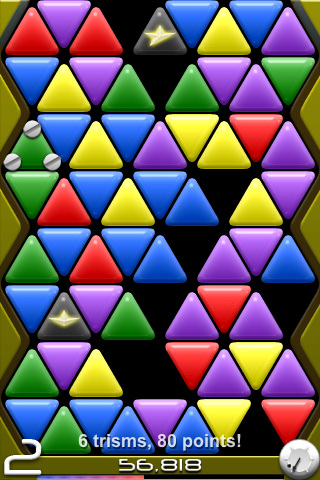Trism (iPhone) screenshot: The green Trism has been screwed in - you won't be able to move any rows it's on.