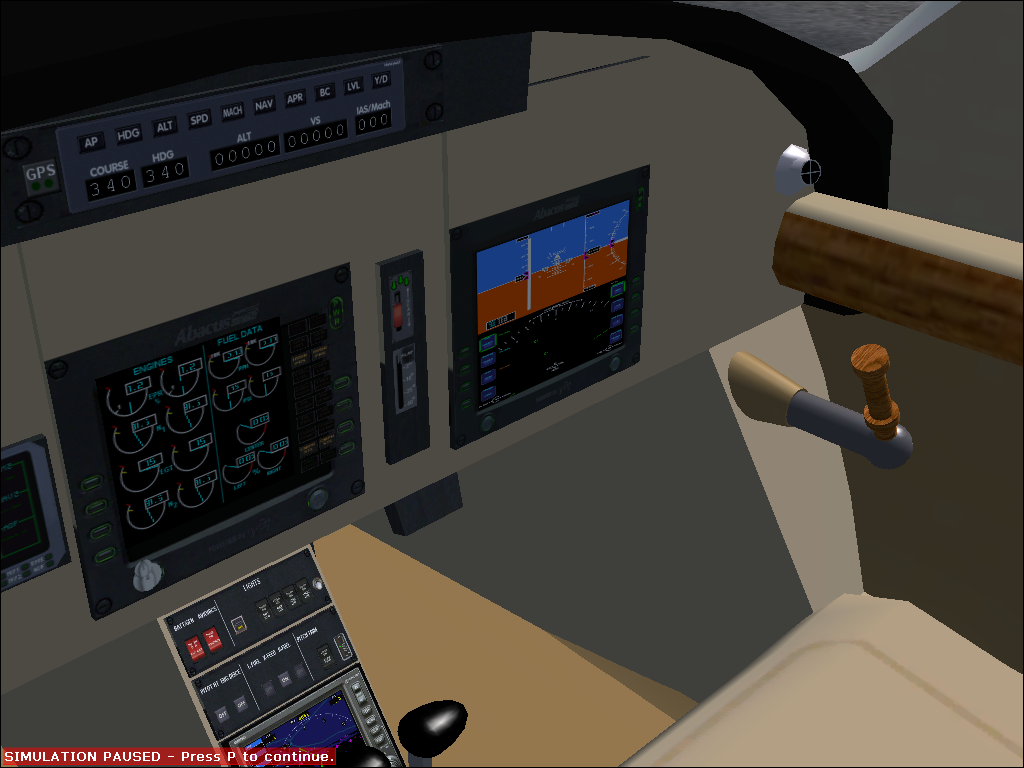 Take to the Skies (Windows) screenshot: Maverick Jet 'Leader'. 3D cockpit, view toward copilot seat, control sticks looks to be made of wood. (FS2004)