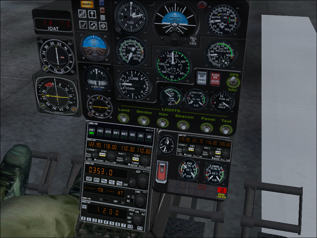 Take to the Skies (Windows) screenshot: Gazelle SA-342. 3D cockpit, center panel. Copilot to the left. (FS2004)