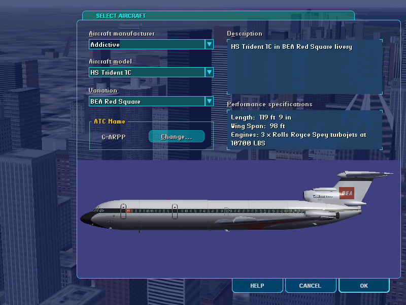 Trident (Windows) screenshot: Trident 1C in BEA livery - this livery is also reused with BEA:s Trident 2B, the tail text says 'Trident Two' on both variants.