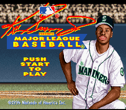 Ken Griffey Jr Presents Major League Baseball (SNES) screenshot: The title screen, featuring (who else?) Ken Griffey Jr.