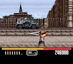 Shien's Revenge (SNES) screenshot: Fight an armored vehicle with shurikens.