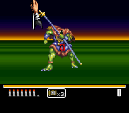 Shien's Revenge (SNES) screenshot: Sort of 3D while fighting a boss.