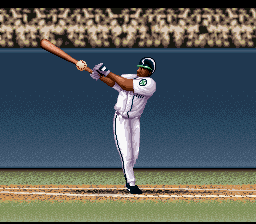 Ken Griffey Jr Presents Major League Baseball (SNES) screenshot: Intro sequence involving Griffey himself swinging for the fences.