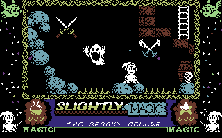 Slightly Magic (Commodore 64) screenshot: Good luck trying to climb those twinkly stars. On c64 their timing is completely off.