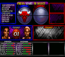NBA Hangtime (SNES) screenshot: Choose a team and players.