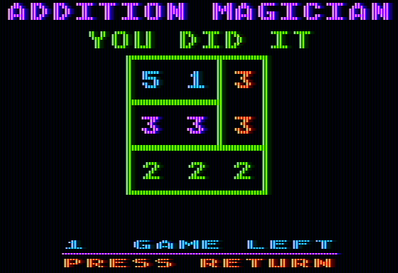 Addition Magician (Apple II) screenshot: Completed board