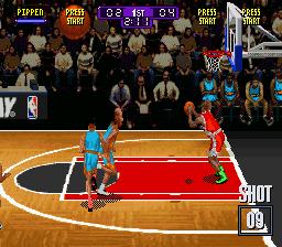 NBA Hangtime (SNES) screenshot: You control the guy with the green boots.
