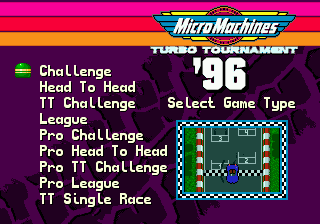 Micro Machines: Turbo Tournament 96 (Genesis) screenshot: Choosing type of race