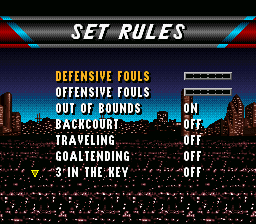 NBA Live 96 (SNES) screenshot: Rules like backcourt violation can be modified.