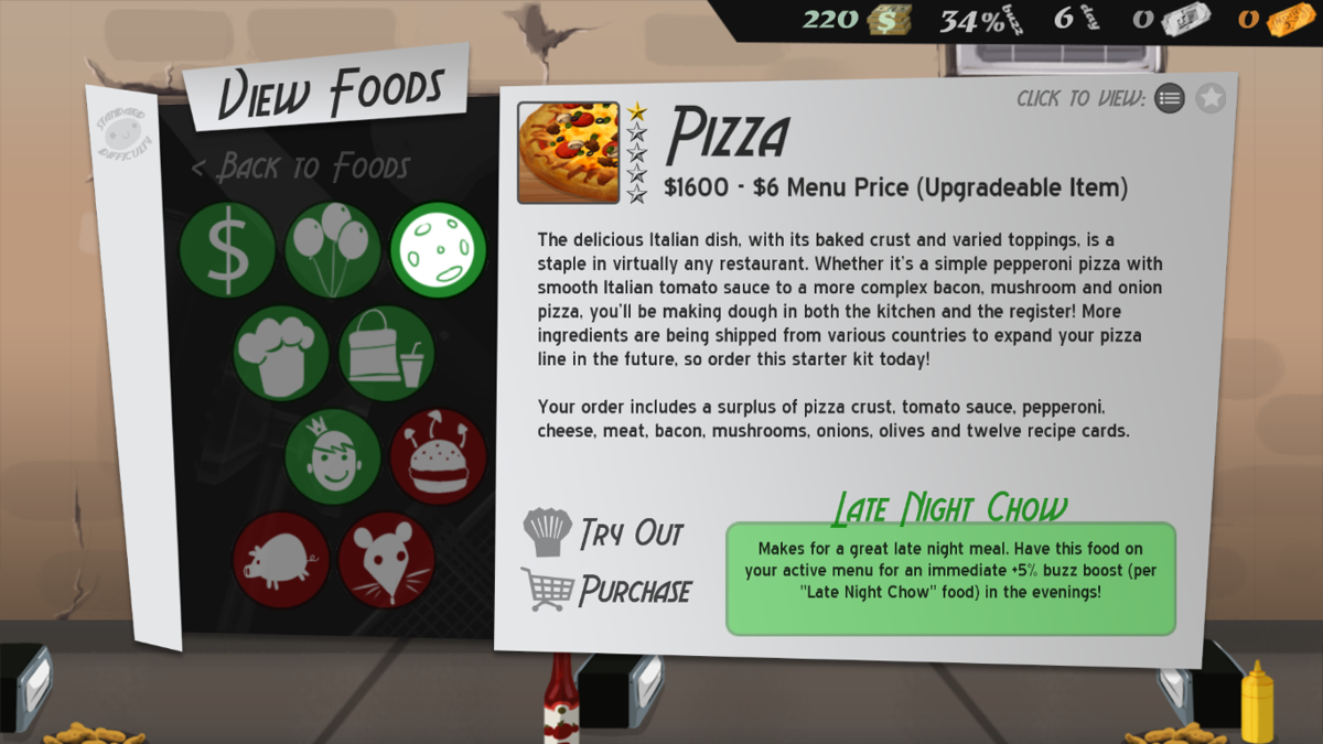 Cook, Serve, Delicious! (Windows) screenshot: Purchasing a new dish - pizza
