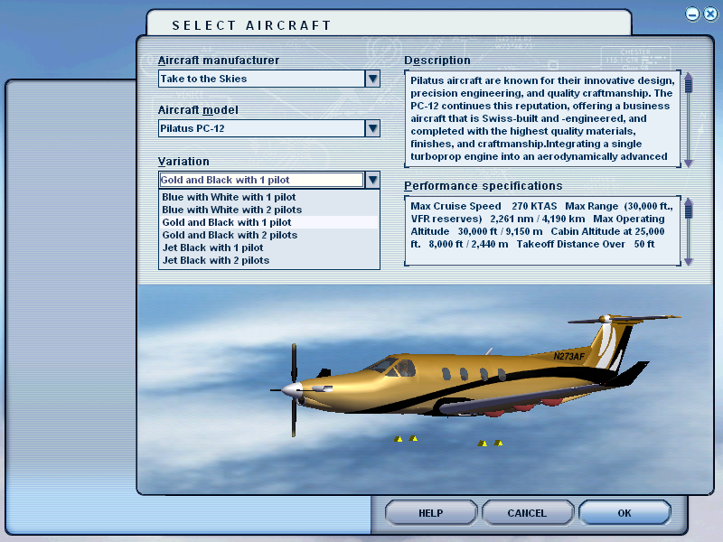 Take to the Skies (Windows) screenshot: Pilatus PC-12 livery selection in FS2004 (Note the small chocks showing below the aircraft, used for stopping the plane from rolling while parked.)