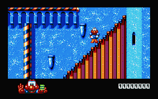 James Pond 2: Codename: RoboCod (Atari ST) screenshot: Climbing up the outside stairs.