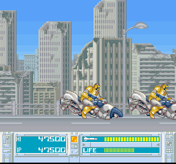 Bazooka Blitzkrieg (SNES) screenshot: Level 2 features a high-speed chase against robots on hover bikes. These guys really do have all the best toys...