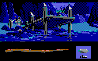 Loom (Atari ST) screenshot: The gulls appreciate the spell's opening effects on the clam.