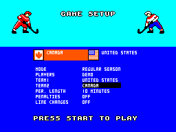 Championship Hockey (SEGA Master System) screenshot: Game Setup.