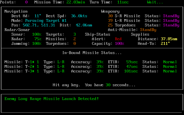 Frigate (DOS) screenshot: In-Coming missile!