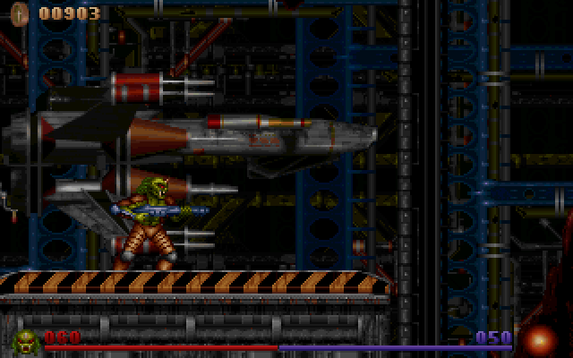 Alien Rampage (DOS) screenshot: Jump aboard to mix things up a bit.