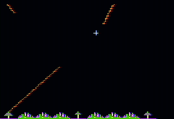 Missile Defense (Apple II) screenshot: Launching missile from left base