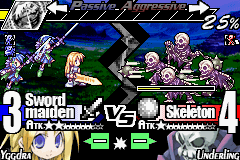 Yggdra Union: We'll Never Fight Alone (Game Boy Advance) screenshot: Sword Maiden vs Skeleton
