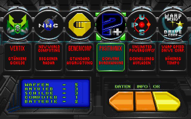 Zephyr (DOS) screenshot: Sponsor selection. The sponsor affects the ship's strengths.
