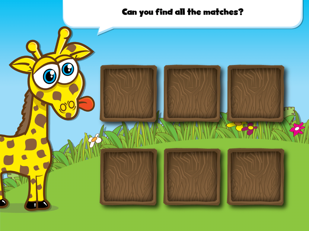 Giraffe's PreSchool Playground 2 (iPad) screenshot: Tap a tile to flip it over. Try to find the ones that match.