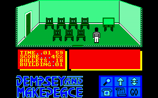 Dempsey and Makepeace (Amstrad CPC) screenshot: A green room with plenty of chairs