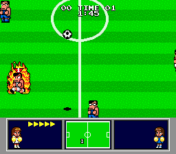 Nintendo World Cup (Genesis) screenshot: On fire, ready to take the ball.