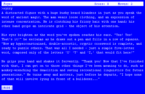 Ad Verbum (Browser) screenshot: Nice to see the old magic words back in effect. All that plus a dig at the HHG game!