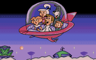 Jetsons: The Computer Game (Atari ST) screenshot: From the intro: The Jetsons are flying over the town