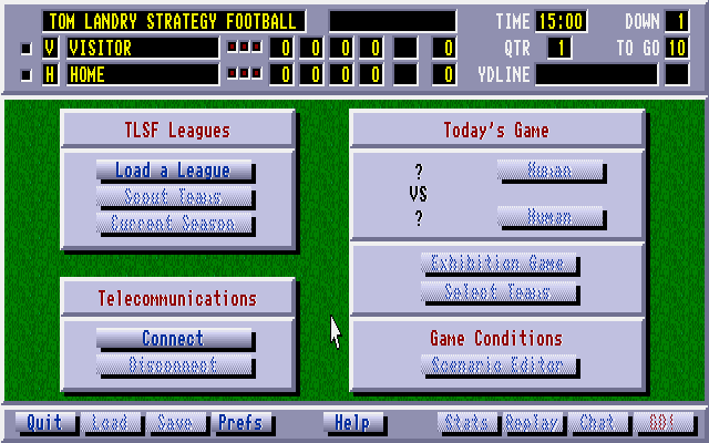 Tom Landry Strategy Football Deluxe Edition (DOS) screenshot: Main menu screen.