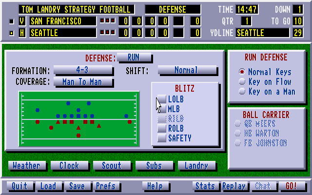 Tom Landry Strategy Football Deluxe Edition (DOS) screenshot: Setting the strategy for the next play.