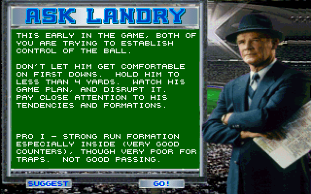 Tom Landry Strategy Football Deluxe Edition (DOS) screenshot: Whenever you're insecure about what to do, ask Mr. Landry!