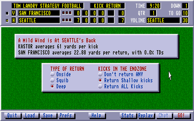 Tom Landry Strategy Football Deluxe Edition (DOS) screenshot: Setting up the strategy for the rest of the game.
