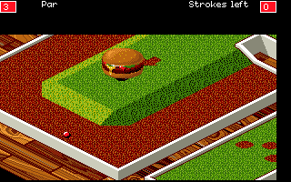 Will Harvey's Zany Golf (Amiga) screenshot: Hamburger is jumping