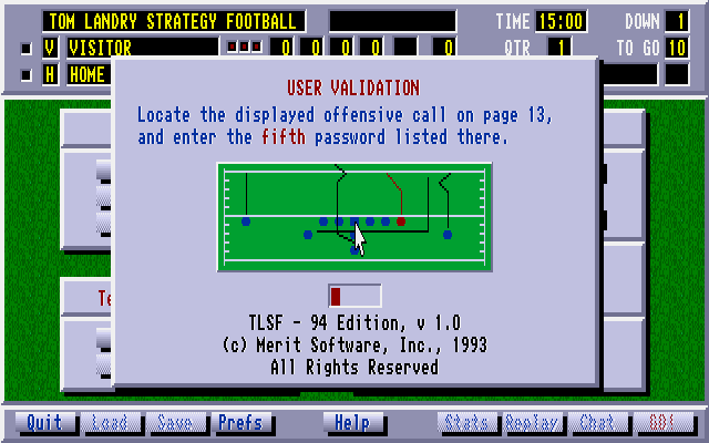 Tom Landry Strategy Football Deluxe Edition (DOS) screenshot: The good ol' copy protection.